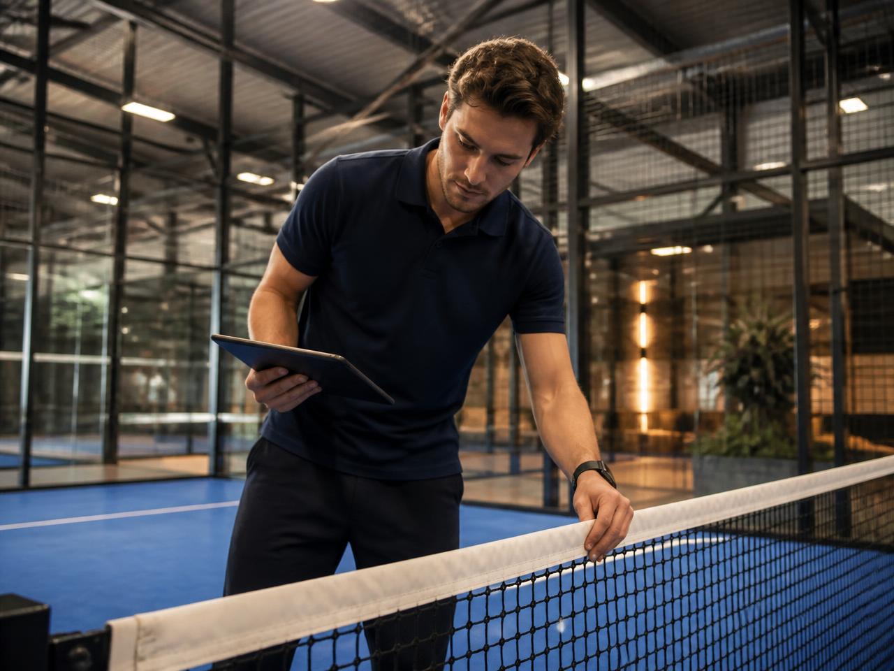 Venue staff member checking padel court net tension