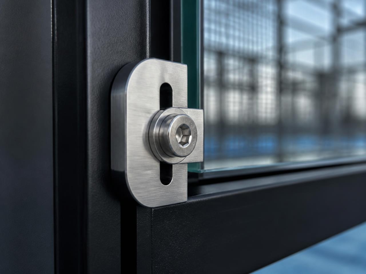 Stainless steel bolt fixing on a padel court glass panel